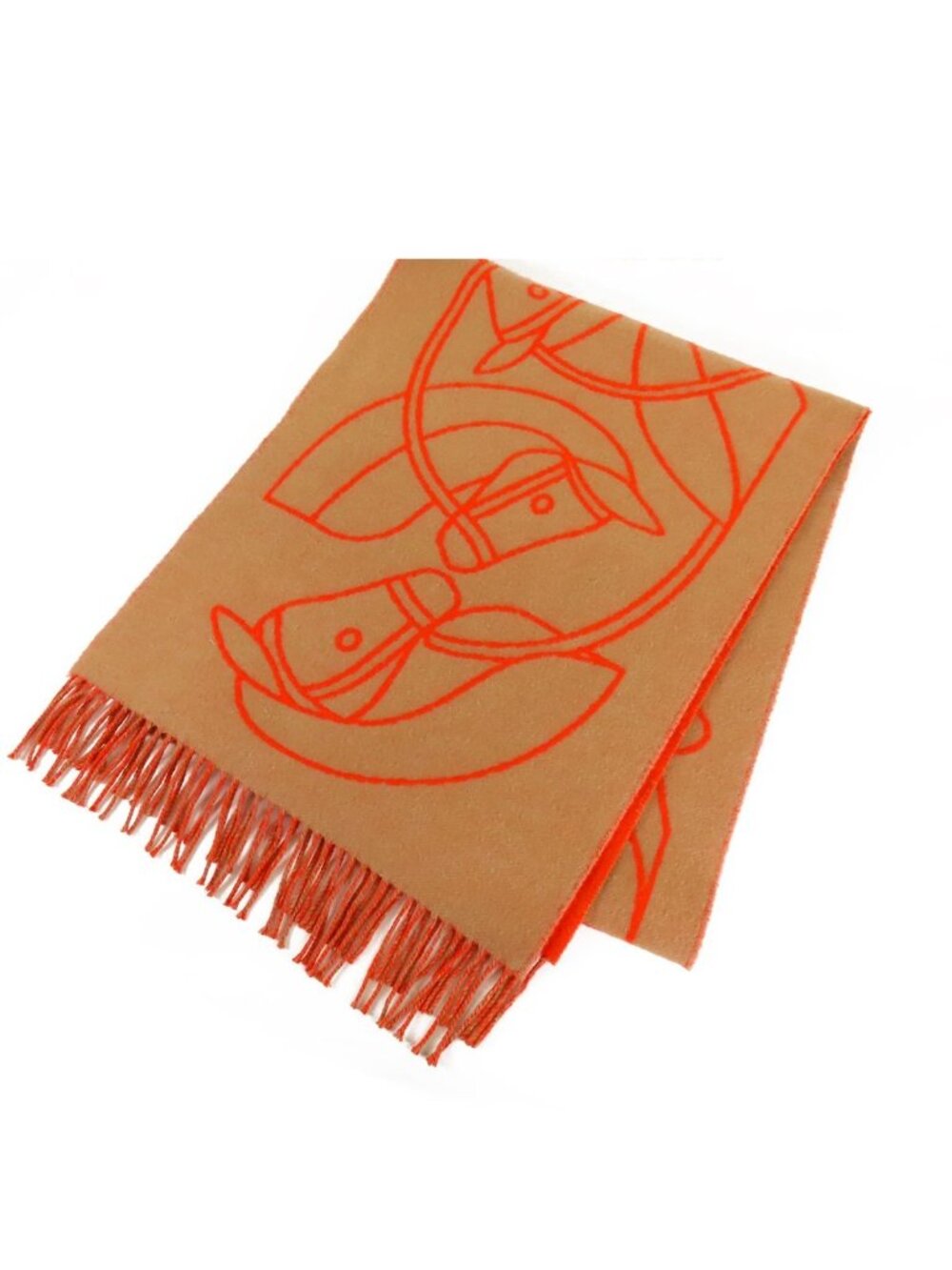 Hermes Entrelac Equestre Orange Beige Cashmere Scarf